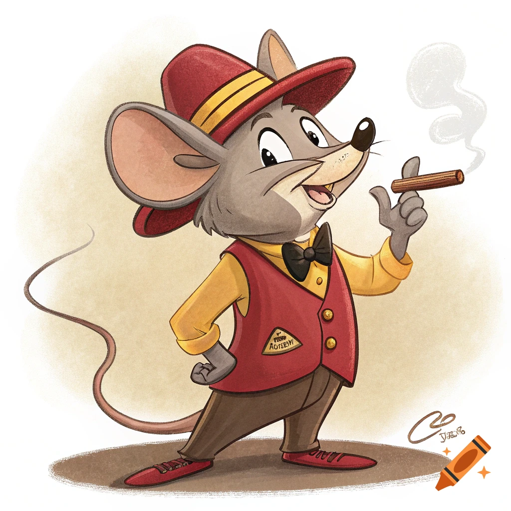 A cartoon anthropomorphic mouse wearing a red hat, red vest, yellow shirt, and black bow tie, holding a lit cigar.