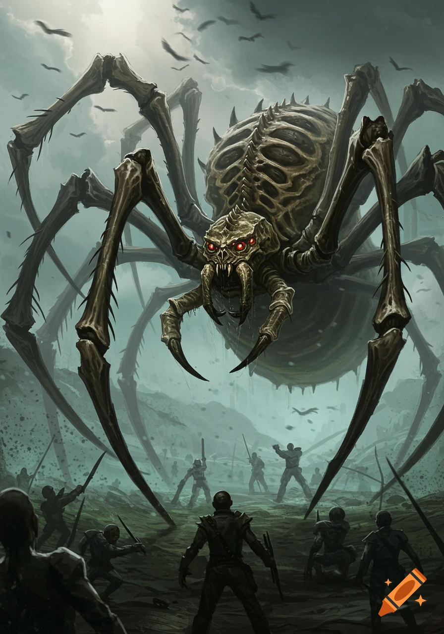 A massive skeletal spider with glowing red eyes attacks warriors in a gloomy fantasy landscape, with bat-like creatures flying in the sky, digital art.