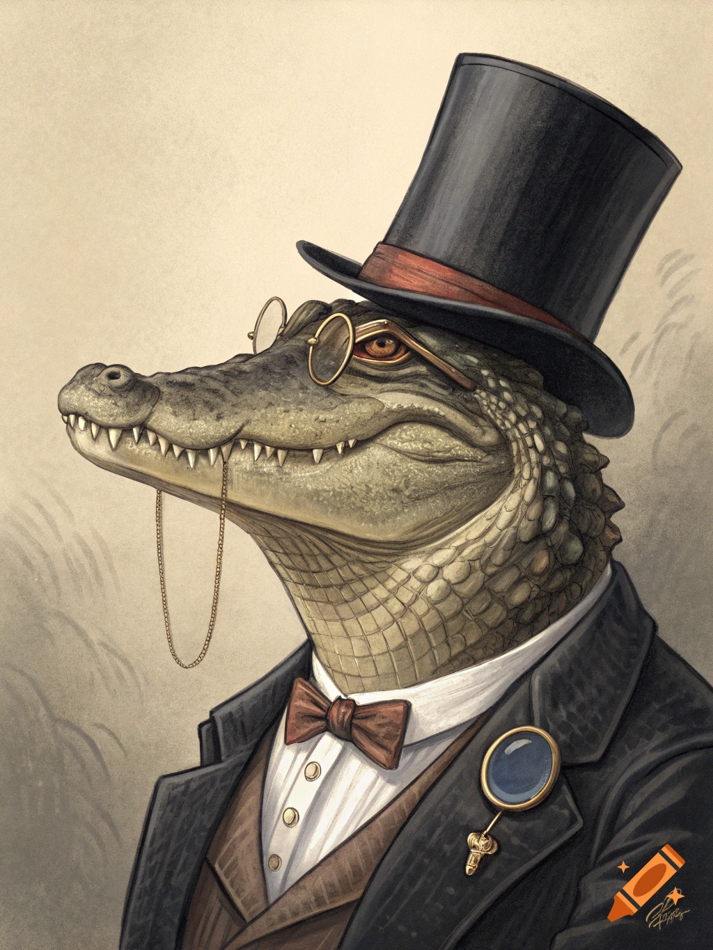 A detailed portrait of an alligator wearing a black top hat, monocle, and a formal suit with a bow tie.