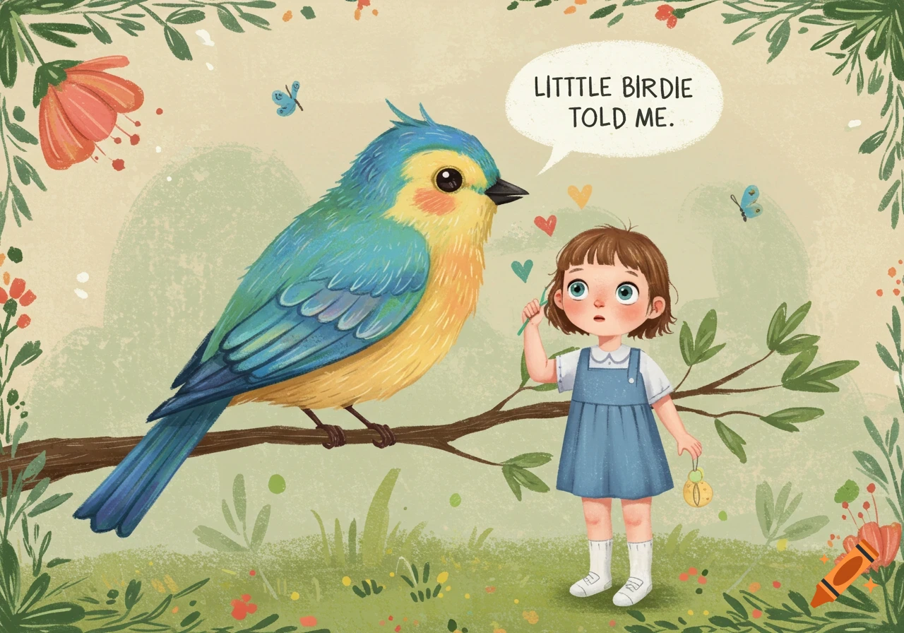 Cute illustration of a small girl looking up at a large colorful bird on a branch, with a speech bubble saying 'LITTLE BIRDIE TOLD ME.'
