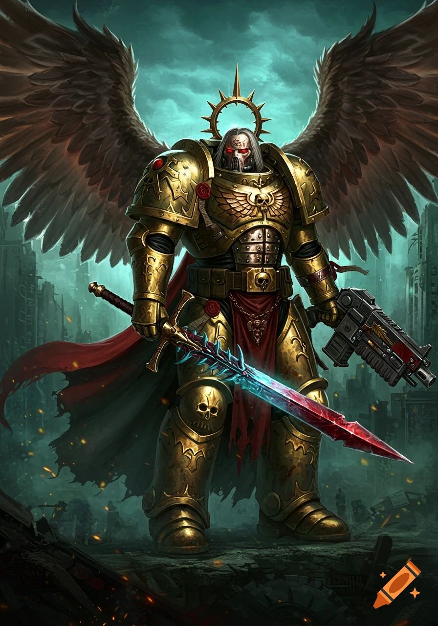 An imposing winged figure in ornate golden power armor, with a red cape and a halo, stands in a ruined city holding a glowing sword and a gun.
