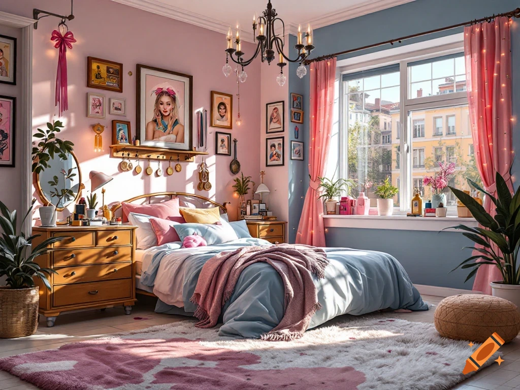 A bright, pink and blue bedroom with a large bed, wooden dresser, ornate mirror, and window overlooking a city street.