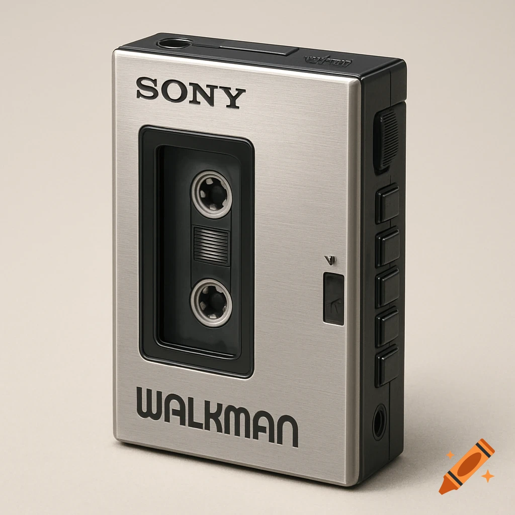 A photorealistic depiction of an early 80s Sony Walkman portable cassette player.