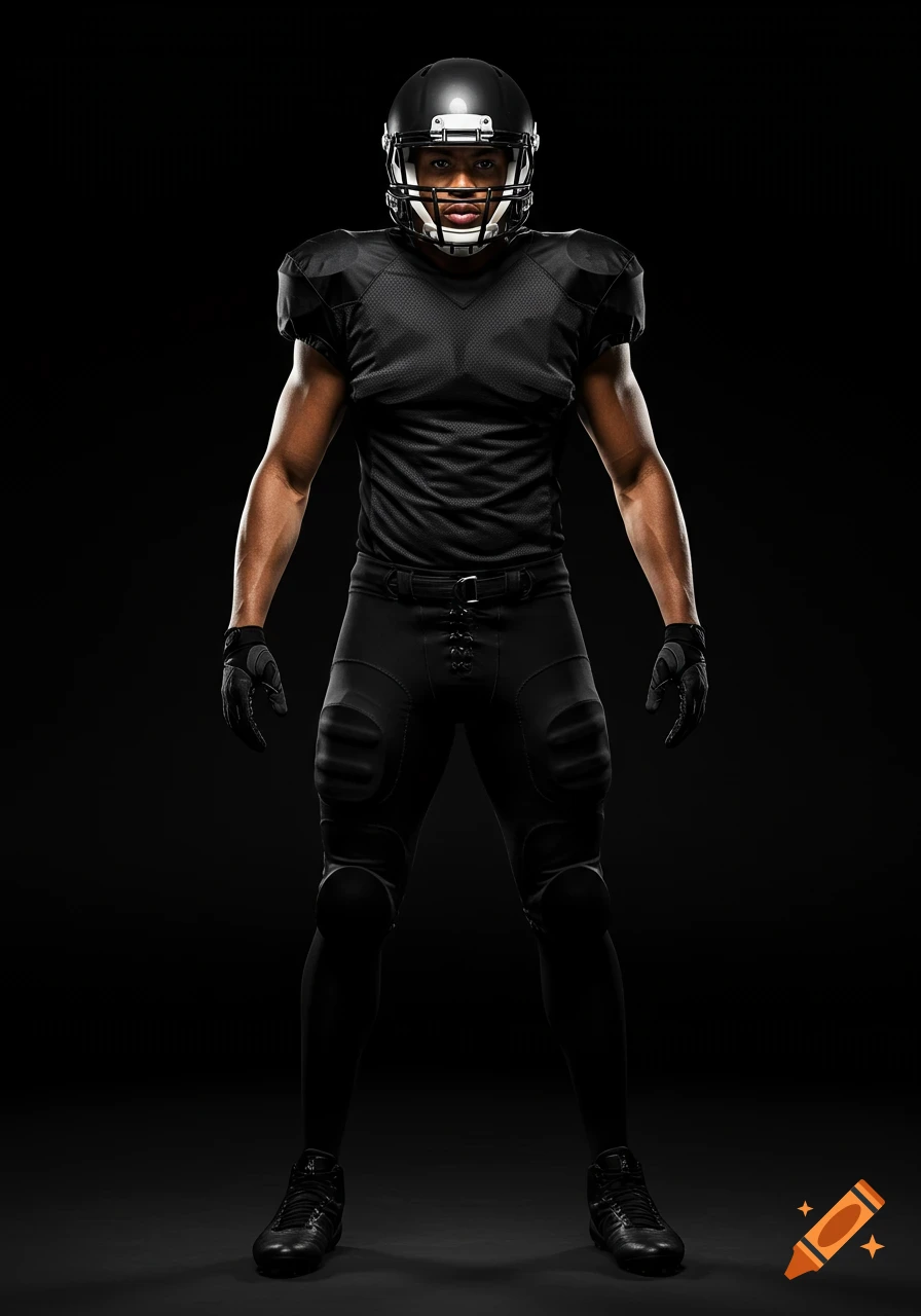 Photorealistic image of an American football player in an all-black uniform and helmet, standing against a black background.