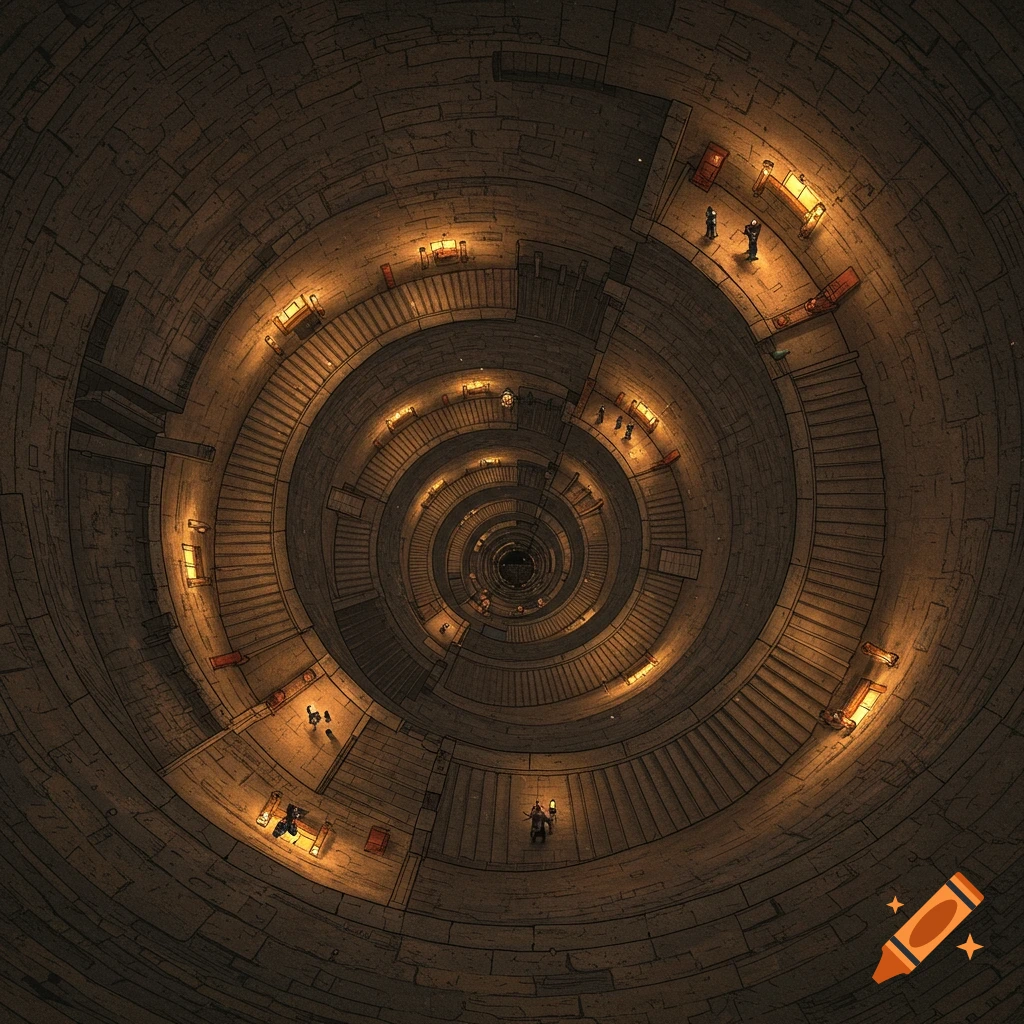 Overhead view of a deep, dark multi-level spiral dungeon lit by warm lights, with small figures on the winding paths.