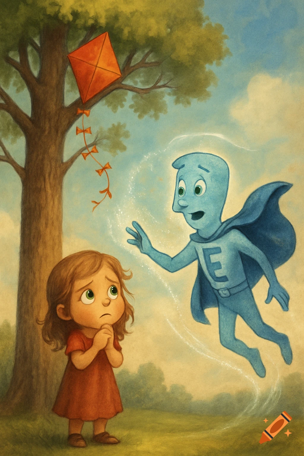 A worried little girl watches a blue, glowing superhero character with an 'E' on his chest float in the air next to a tree with her kite stuck in its branches.