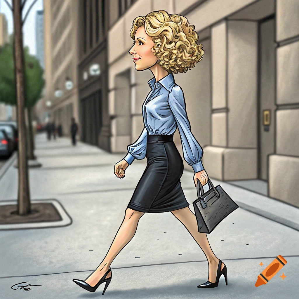A cartoon caricature of a business woman with curly blonde hair, wearing a blue blouse and black skirt, walking on a city sidewalk with a handbag.