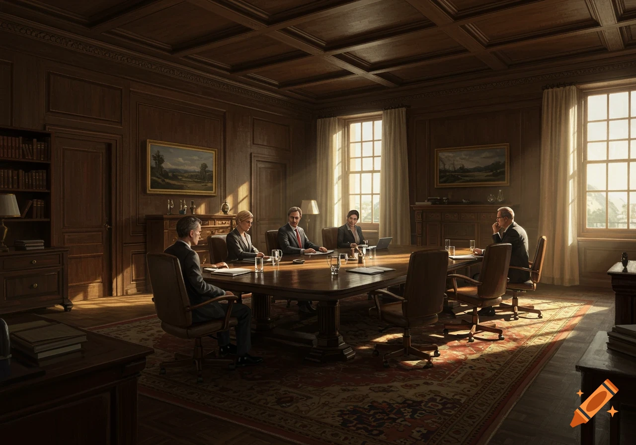 Photorealistic image of people in a formal business meeting around a large wooden table in a luxurious, wood-paneled room with large windows.