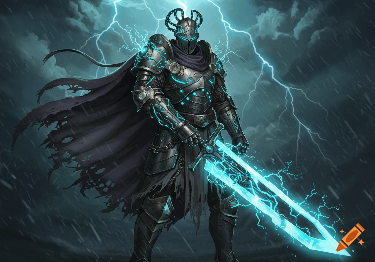 A techno knight in dark armor with a tattered cape holds a glowing blue lightning sword amidst a stormy background with lightning bolts.