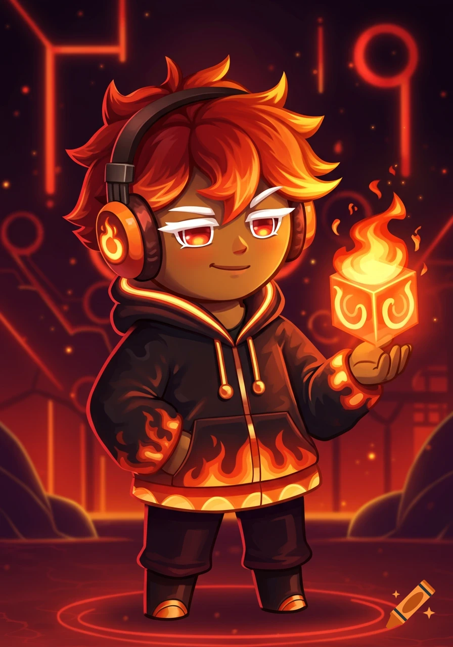 A stylized, fire-themed character with red hair, glowing eyes, and headphones holds a fiery cube in a neon digital background.