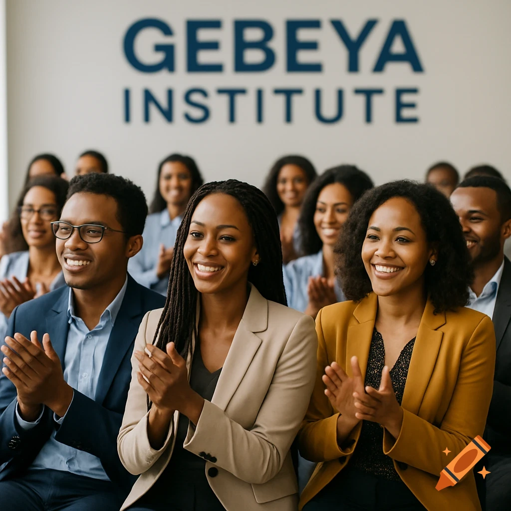 A diverse group of African men and women smiling and clapping at a conference, with a sign in the background reading 'GEBEYA INSTITUTE'.