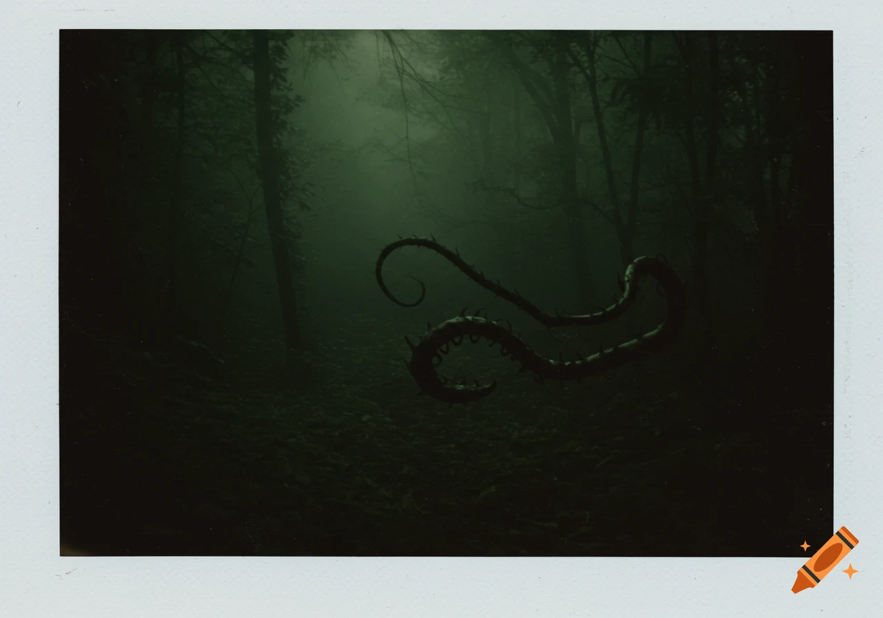 A creepy, thorny tendril creature in a dark, misty forest, presented as an old polaroid photo.