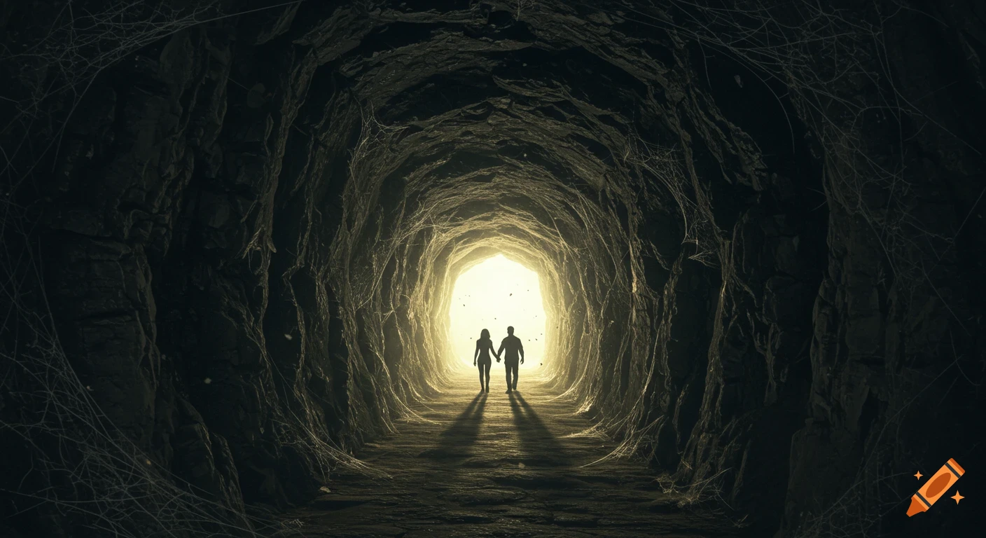Silhouettes of a couple walking hand-in-hand towards a bright light at the end of a dark, rocky cave tunnel.