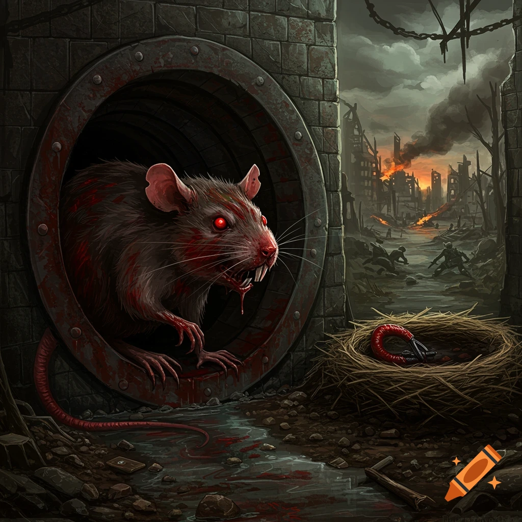 A bloodied rat with red eyes emerges from a sewer in a destroyed, burning city, dark fantasy art.