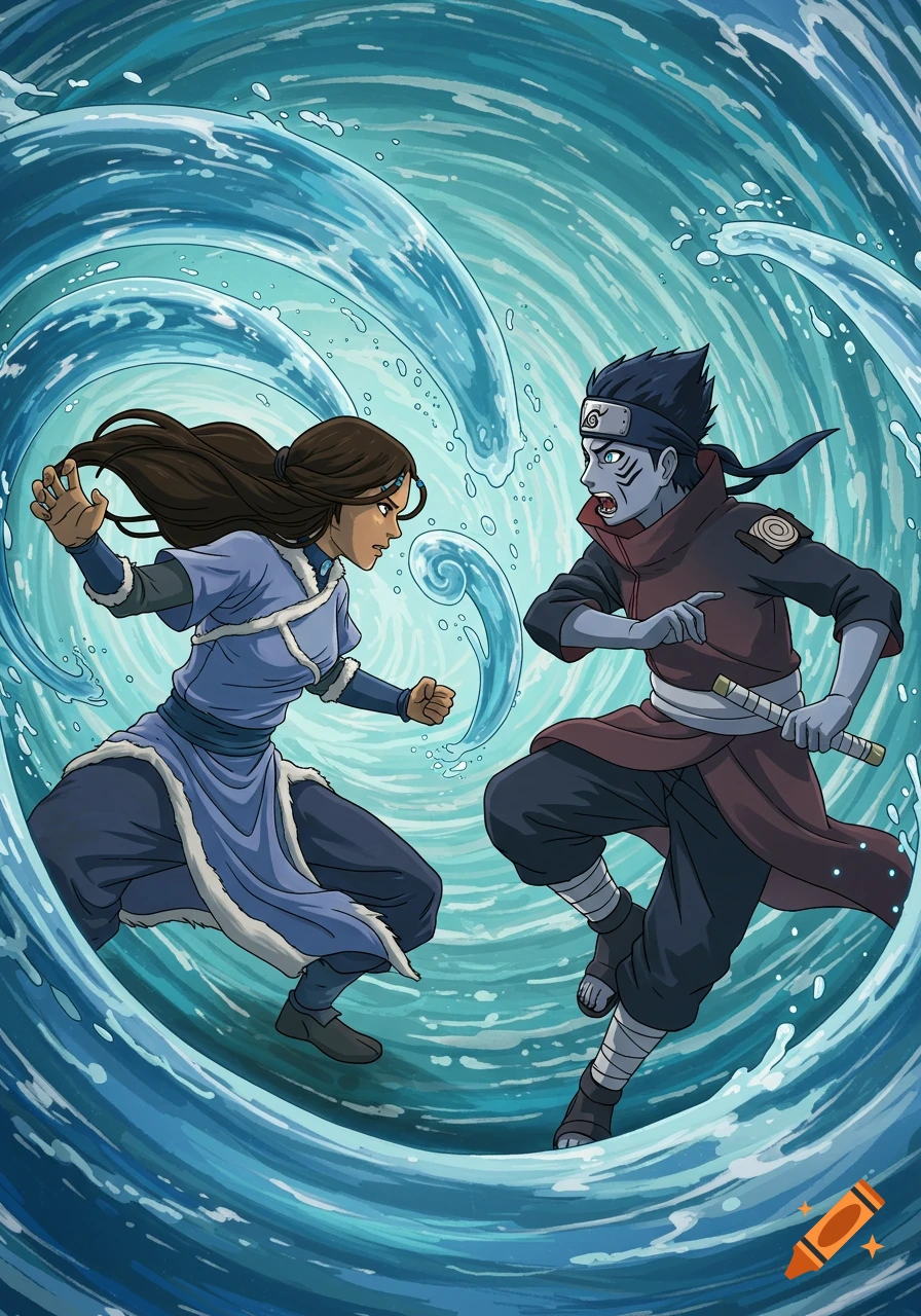 Katara and Kisame face off amidst swirling blue water in a dynamic anime-style illustration.