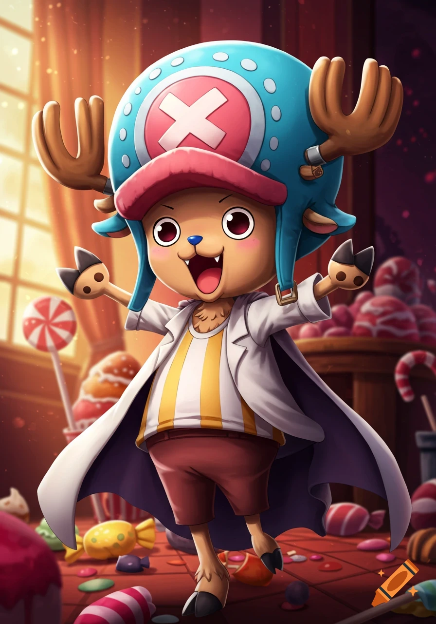 A happy, cartoonish Tony Tony Chopper in a blue hat with an X, white lab coat, and yellow striped shirt, surrounded by candies.