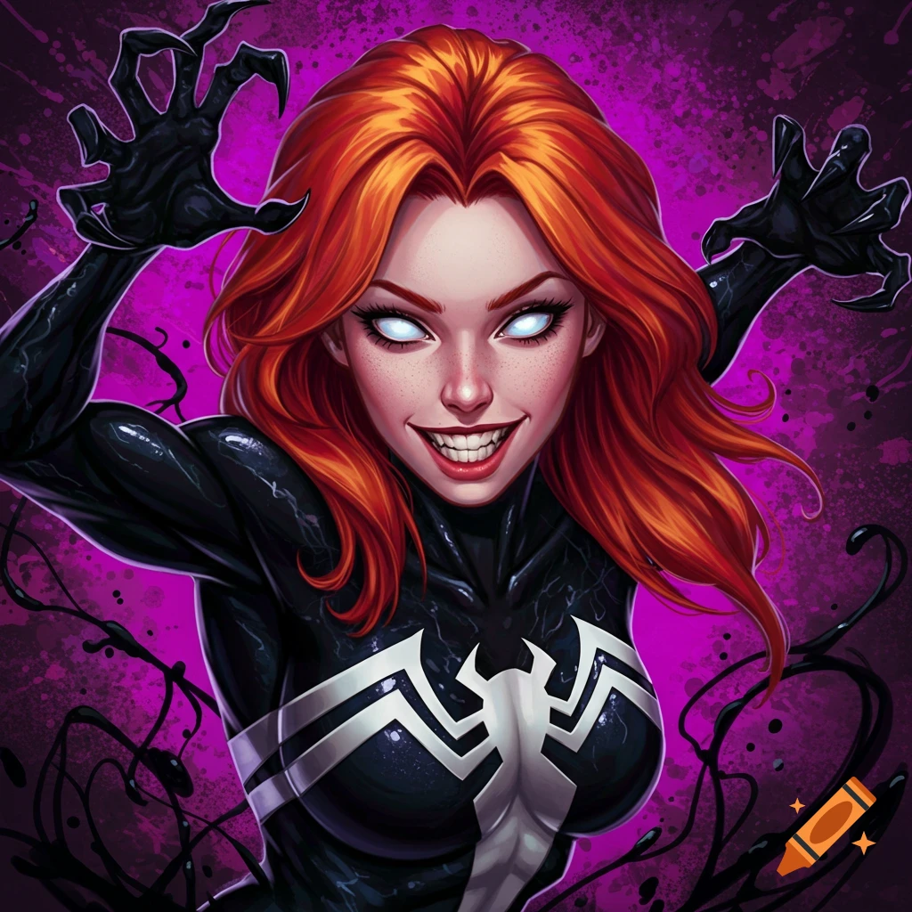 A woman with red hair and glowing white eyes in a black She-Venom suit with a white spider symbol, grinning menacingly with sharp teeth, surrounded by black tendrils against a purple background.