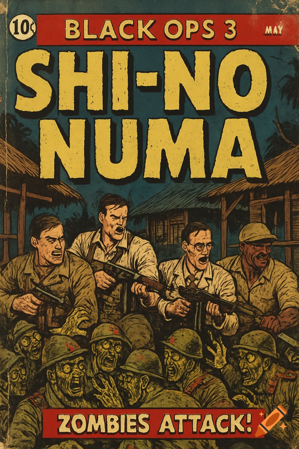 A retro comic book cover titled 'Shi-No Numa' depicting soldiers in combat against a hoard of zombies.