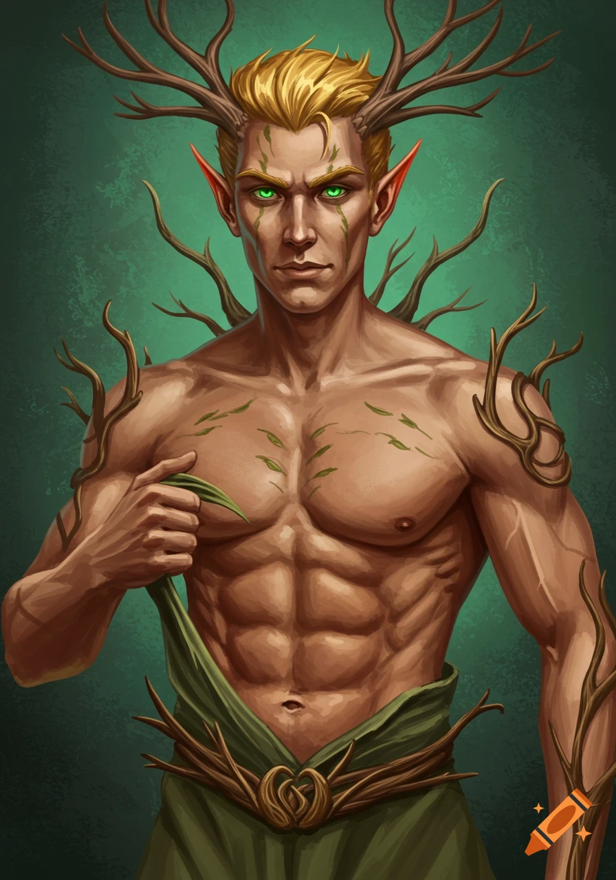 A muscular male elf with green eyes, blonde hair, and antlers, adorned with branches and leaves, pulling down his forest-themed clothing. Painted style.
