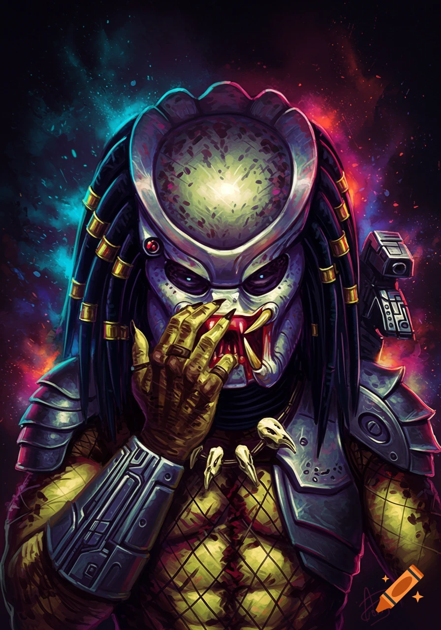 An illustrative portrait of a Predator with a facepalm expression, in vibrant neon colors against a dark, cosmic background.