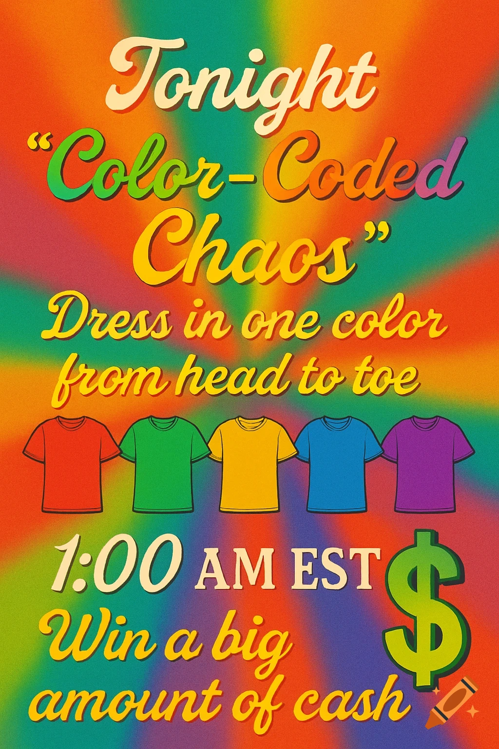 A colorful retro-style poster advertising a "Color-Coded Chaos" event, showing five t-shirts in different colors, event time "1:00 AM EST", and the promise of winning a big amount of cash.