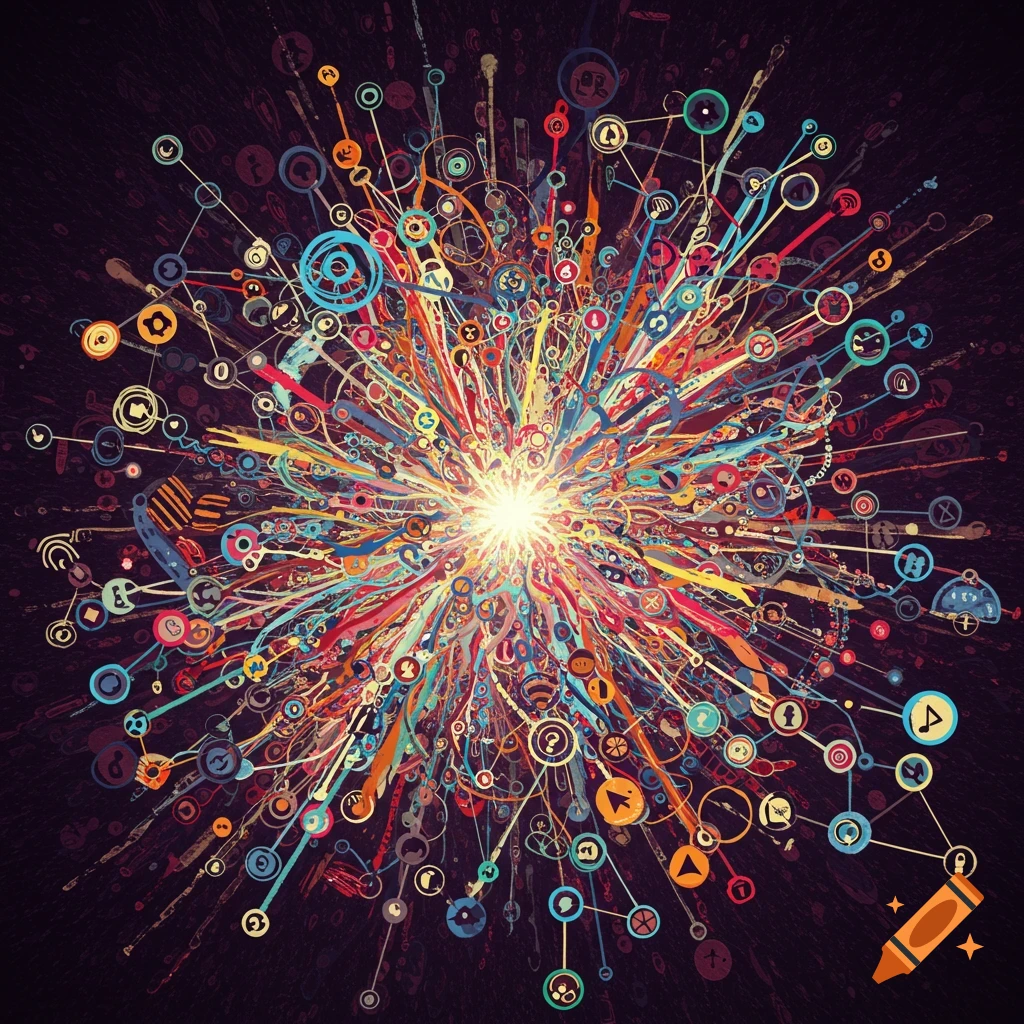 Colorful abstract explosion of interconnected lines and circles with various technology and social media icons, on a dark background.