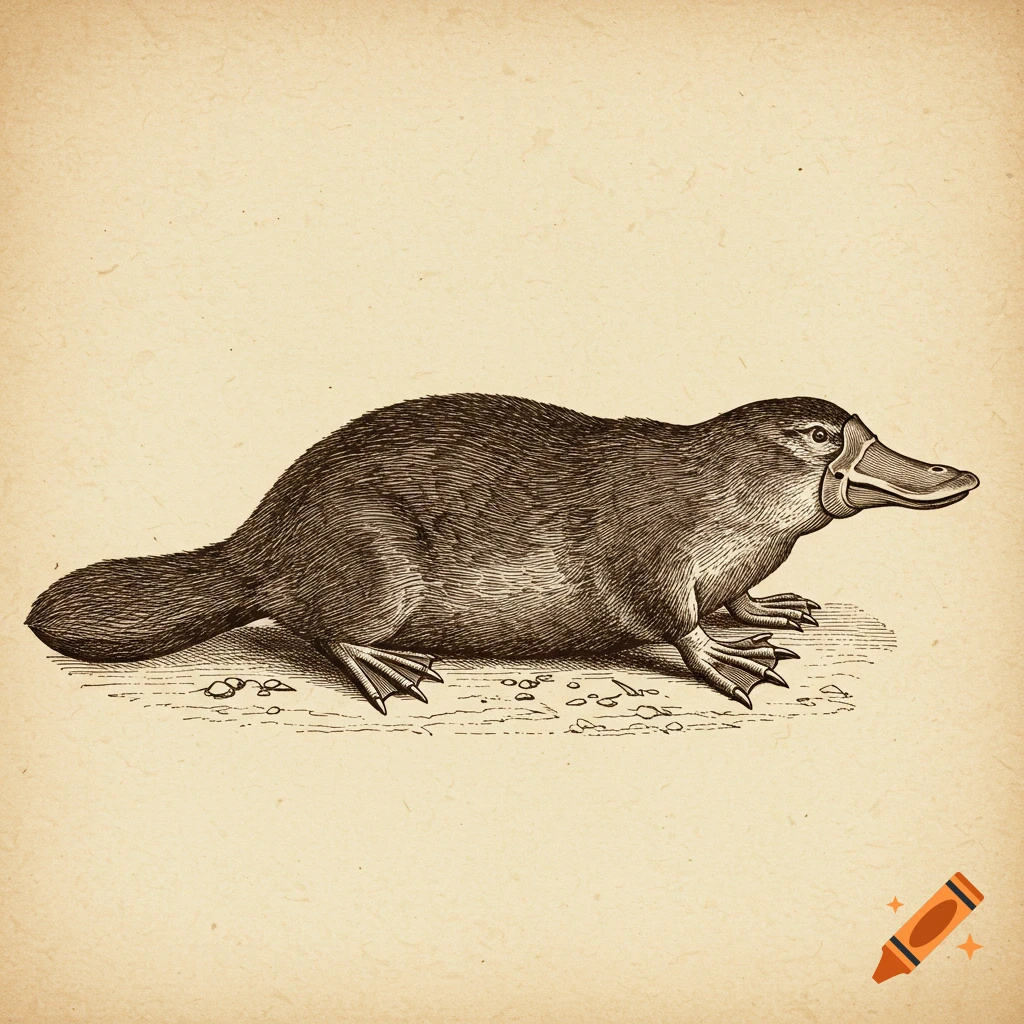 Sepia-toned ink drawing of a platypus in profile, on aged parchment, in the style of a vintage scientific illustration.