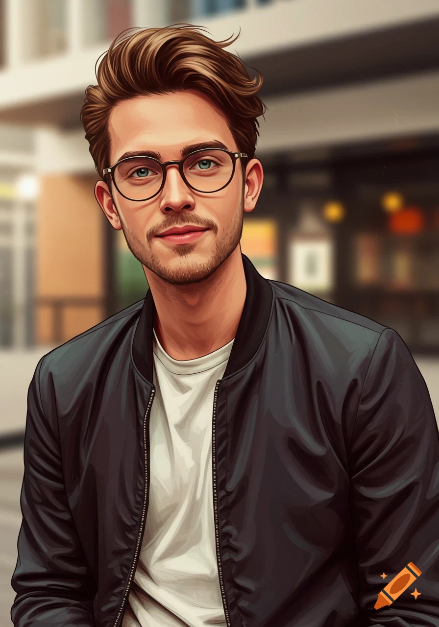 Stylized illustration of a young man with brown hair, beard, and glasses, wearing a white t-shirt and black jacket, smiling slightly.