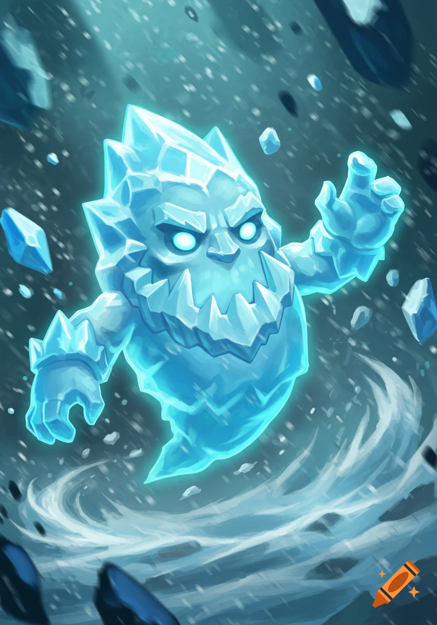 A cartoon ice spirit, light blue and jagged with glowing eyes, floats in a cool blue environment with ice shards and swirling wind.