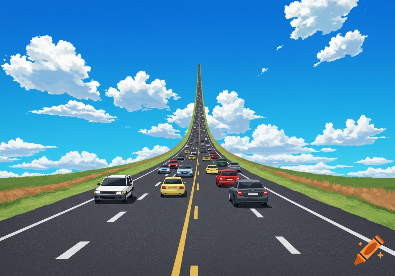 A stylized illustration of a long, steep road ascending into a bright blue sky, with many cars lining up in a single lane.