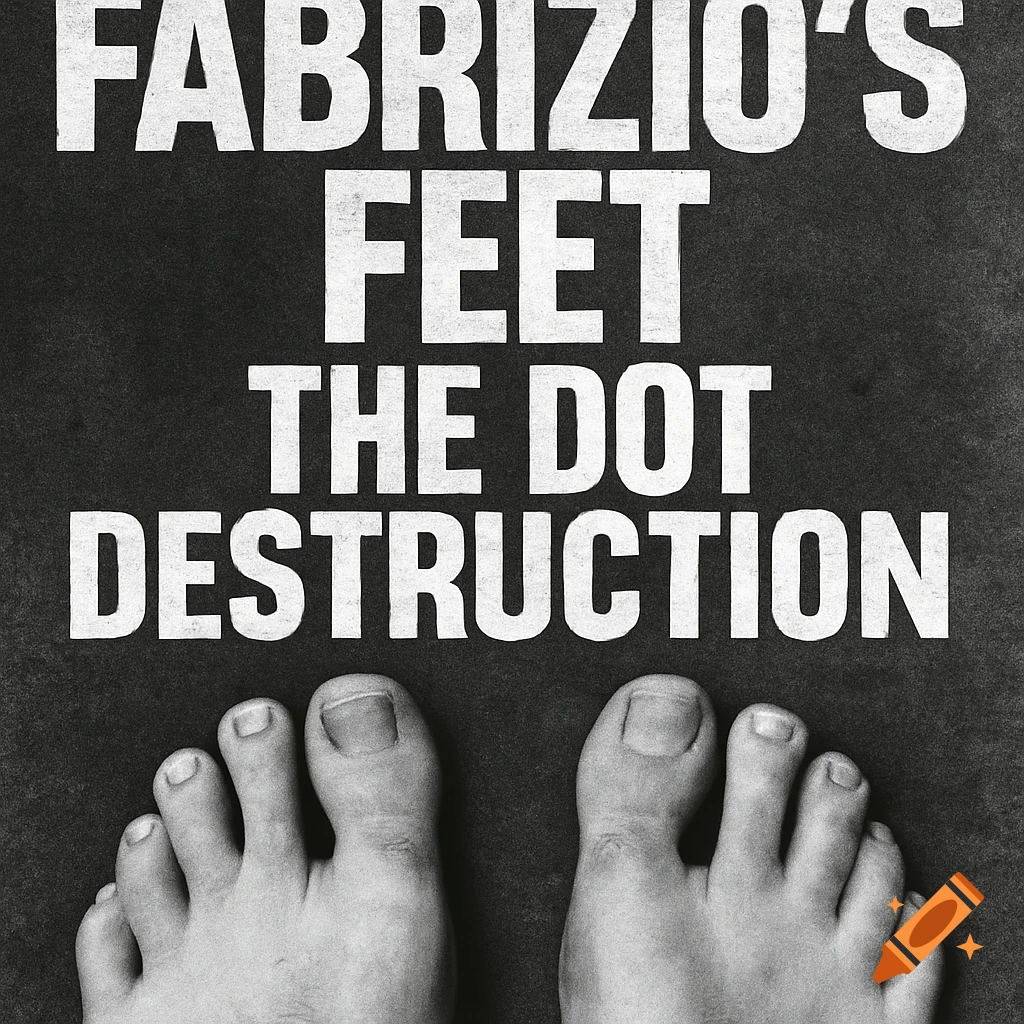 Black and white image of two human feet below large white text that reads 'FABRIZIO'S FEET THE DOT DESTRUCTION'.