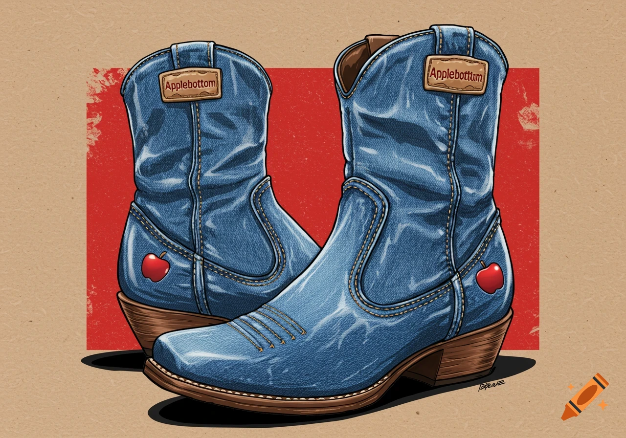 An illustration of two blue denim cowboy boots with brown soles and heels, featuring 'Applebottom' labels and red apple logos.