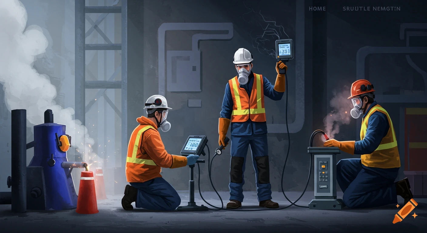 Three industrial workers in safety gear and respirators measure levels with equipment in a factory setting, with smoke and sparks.