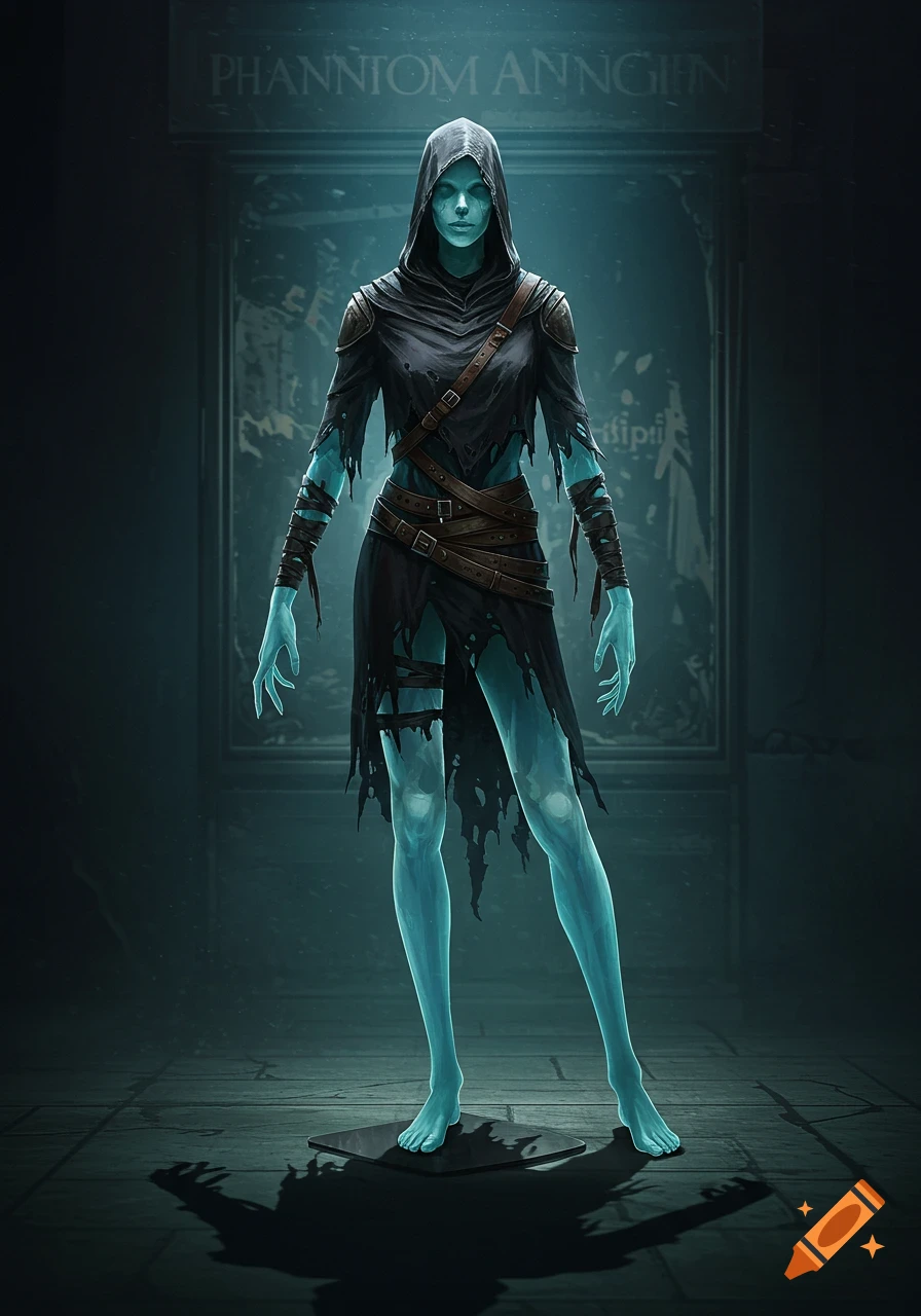 A glowing, blue-skinned phantom character in torn dark clothing and a hood stands in a dimly lit room.