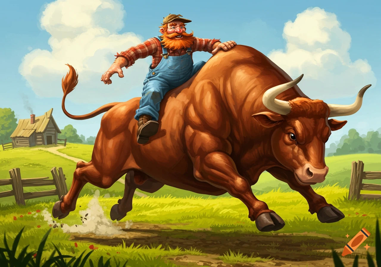 A red-bearded man in overalls rides a jumping brown bull in a green field with a distant cabin, cartoon style.