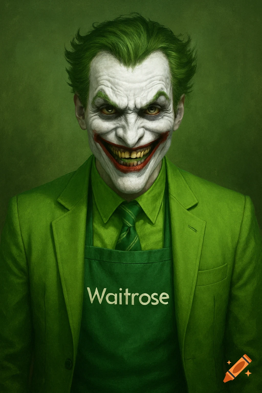 A photorealistic portrait of the Joker in a green suit and Waitrose apron against a green background.