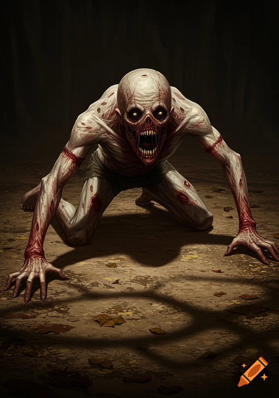 A horrifying, pale, disfigured humanoid creature with sharp teeth and glowing eyes crawls on a dark forest floor, illustrated in a dark fantasy style.