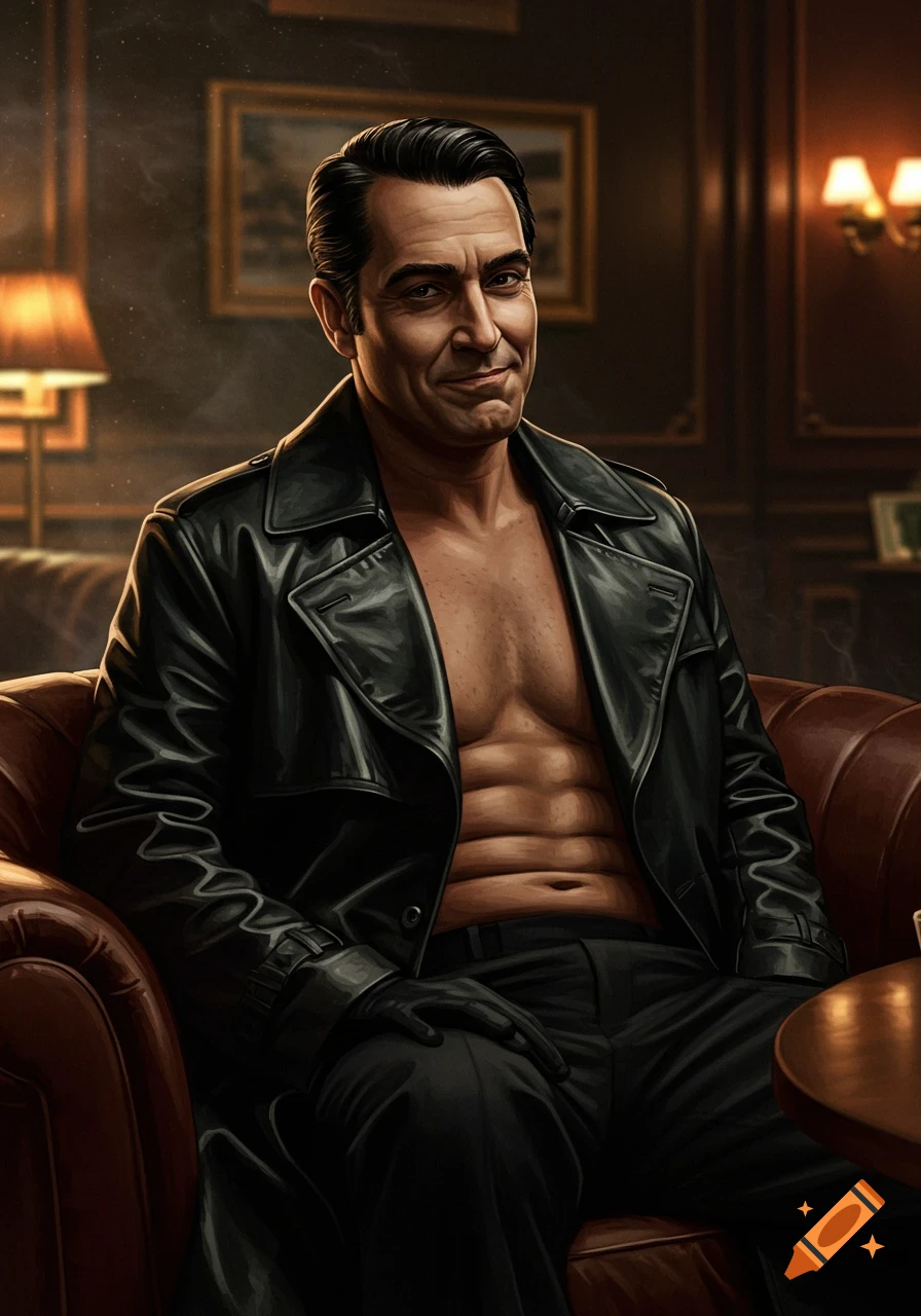 A man with slicked-back hair in an open black leather coat revealing his bare chest, seated in a leather armchair in a dimly lit room.