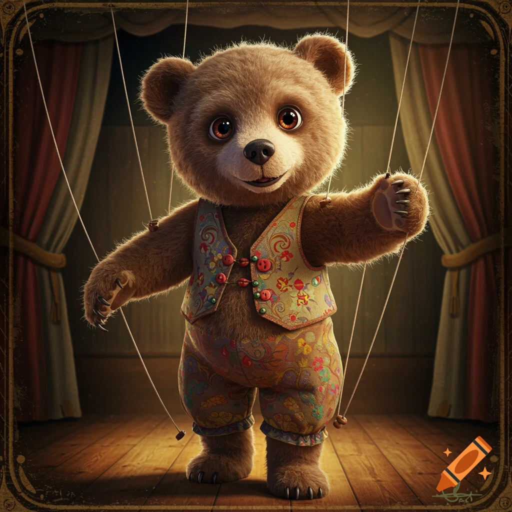 A cute brown bear marionette with a colorful vest stands on a wooden stage with curtains in a photorealistic style.