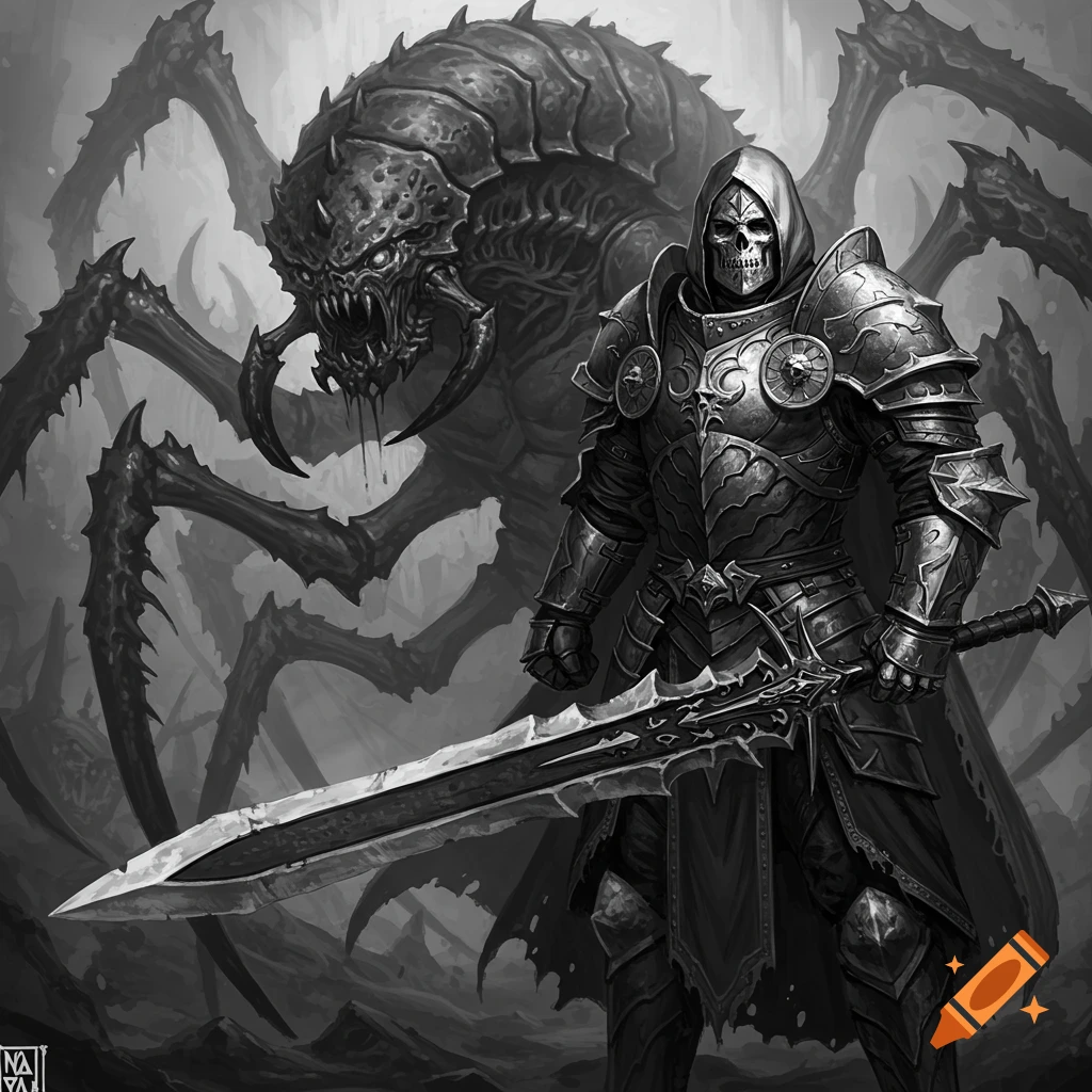 A black and white illustration of a death knight in full armor holding a greatsword, with a large, menacing multi-legged monster in the background.