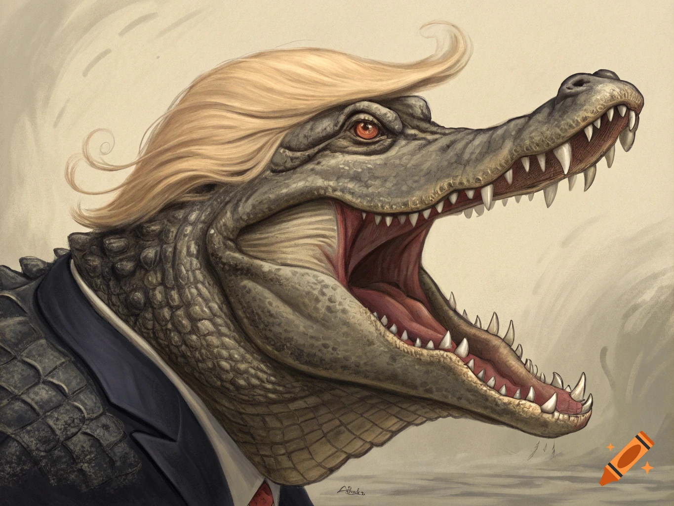 Illustration of an angry alligator with Donald Trump's blond hair and a suit, mouth wide open.