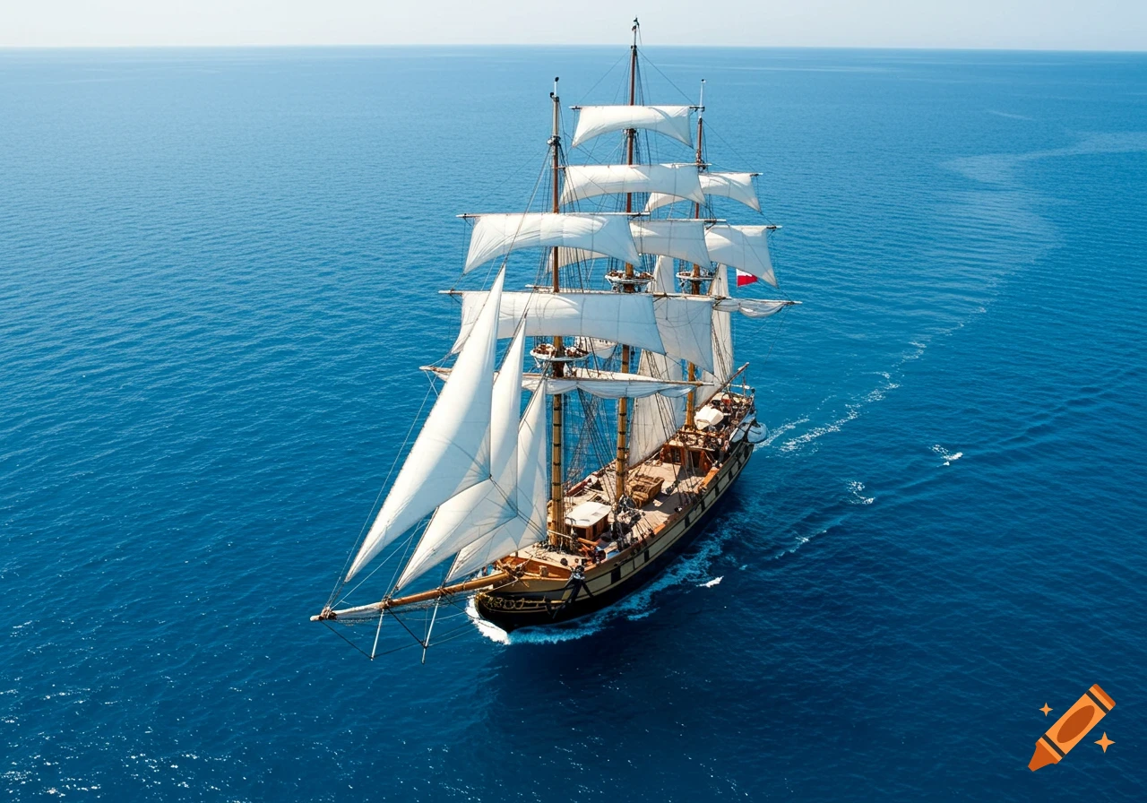 An aerial view of a majestic three-masted sailing ship with white sails unfurled, cruising through a vast, calm blue ocean under a clear sky.