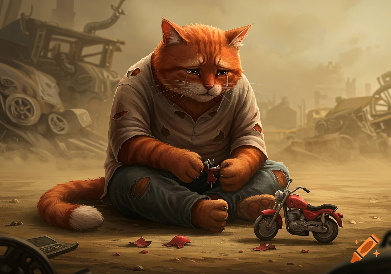 A sad, anthropomorphic orange cat sits in a dusty scrapyard, holding a broken toy motorcycle piece with tears streaming down its face, looking melancholic.