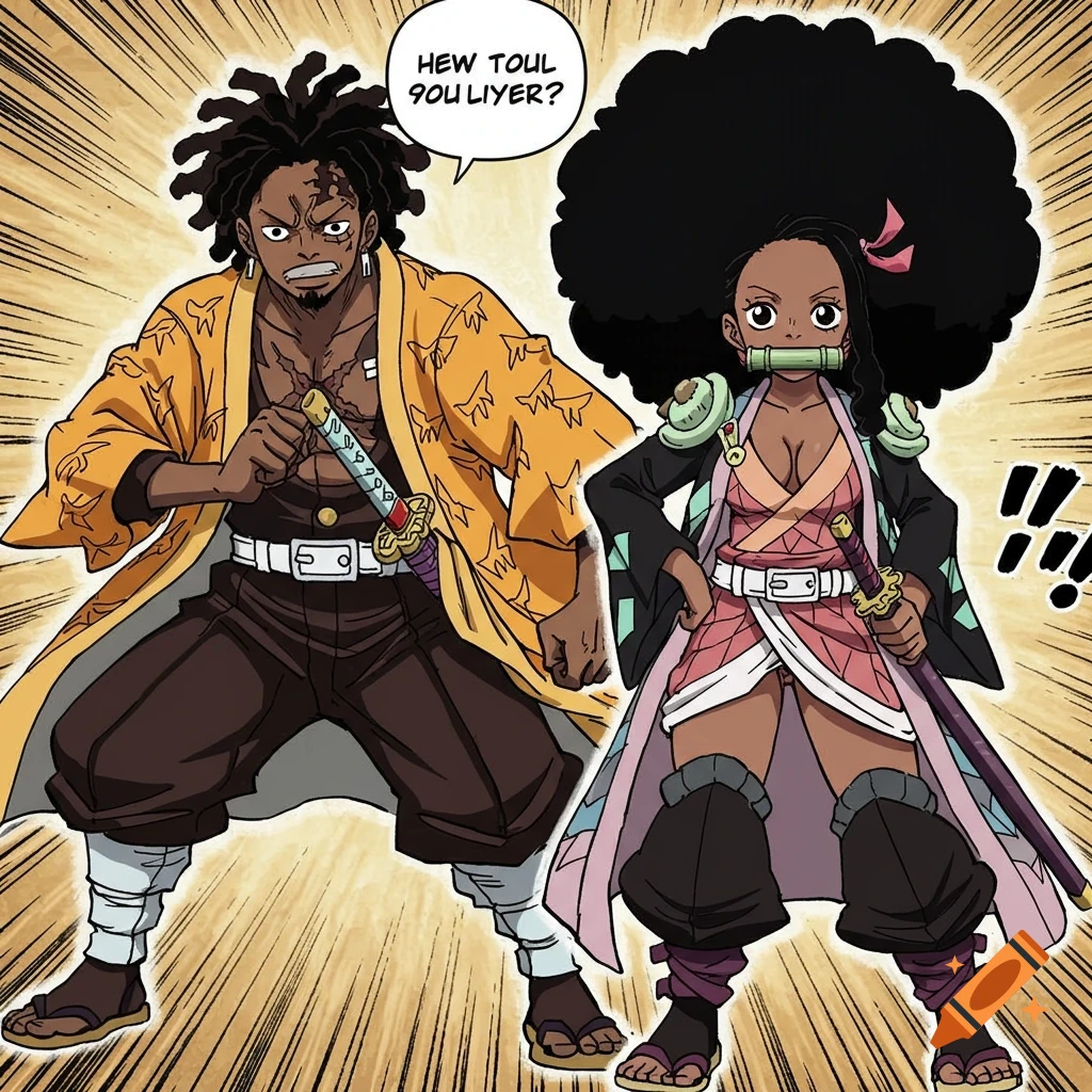 An anime-style black male character with dreadlocks in a yellow haori and a black female character with an afro in a pink kimono, both holding katanas in a manga panel style.