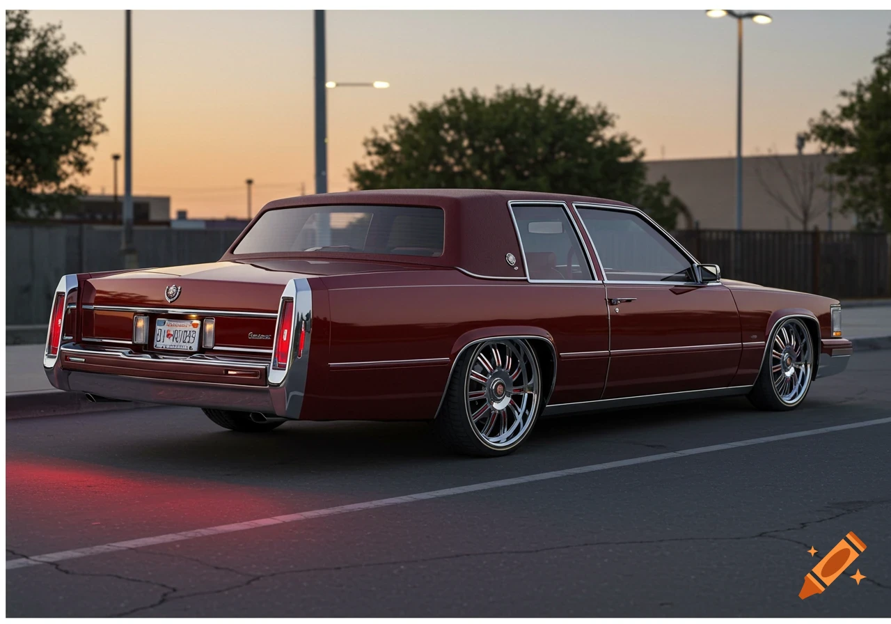 A photorealistic image of a candy burgundy 1991 Cadillac DeVille 2D with air bag suspension parked on an asphalt lot at sunset.