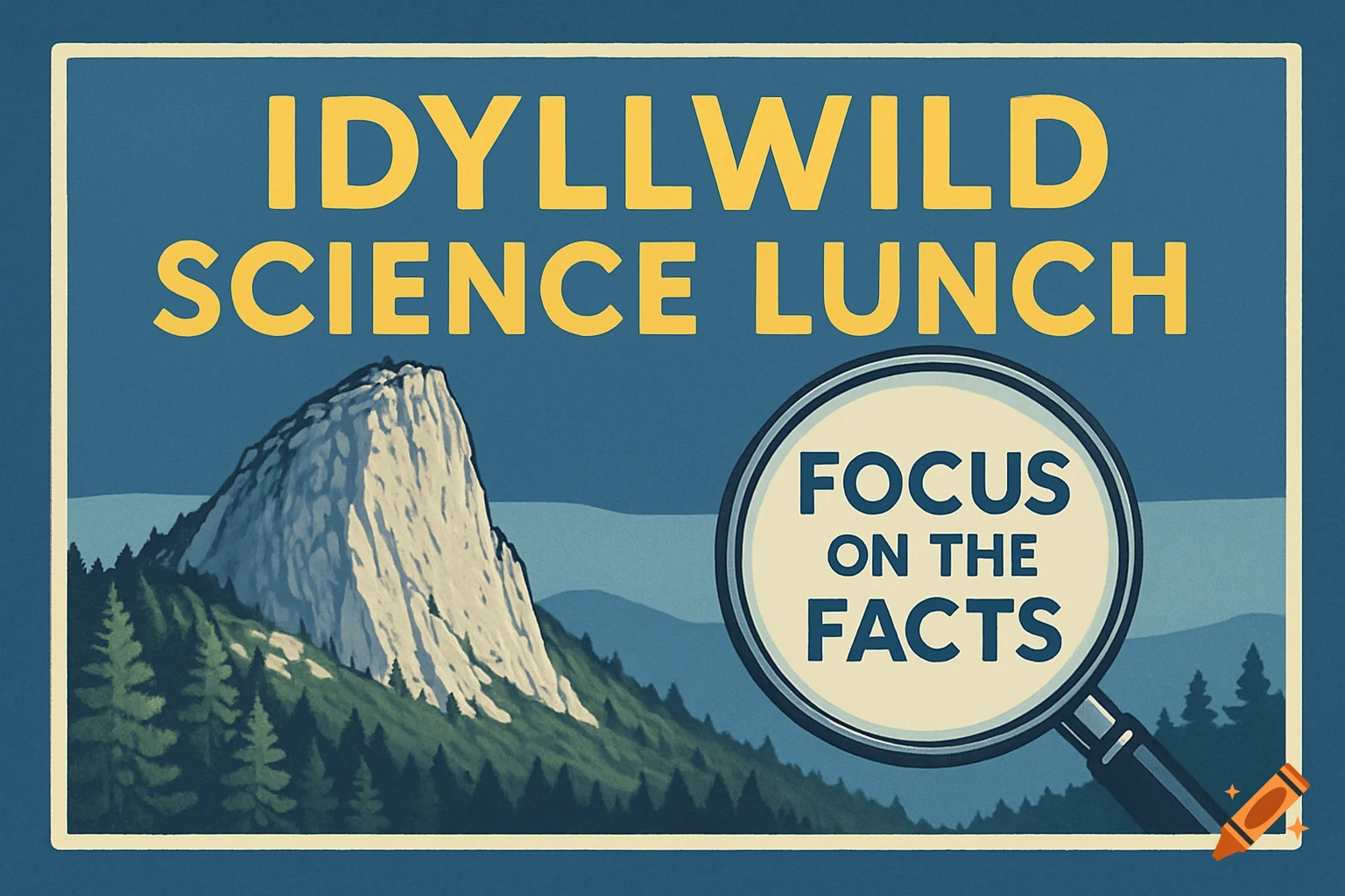 A vintage-style poster featuring a prominent mountain, evergreen trees, and a magnifying glass. Text reads "IDYLLWILD SCIENCE LUNCH" and "FOCUS ON THE FACTS".