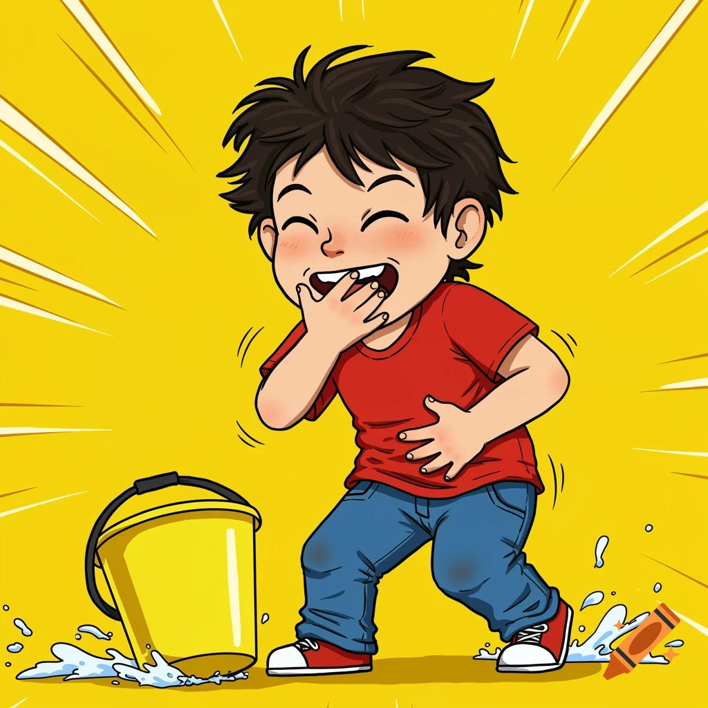 Comic-style young boy with dark hair laughing, hands on mouth and stomach, next to a spilled yellow bucket with splashing water.
