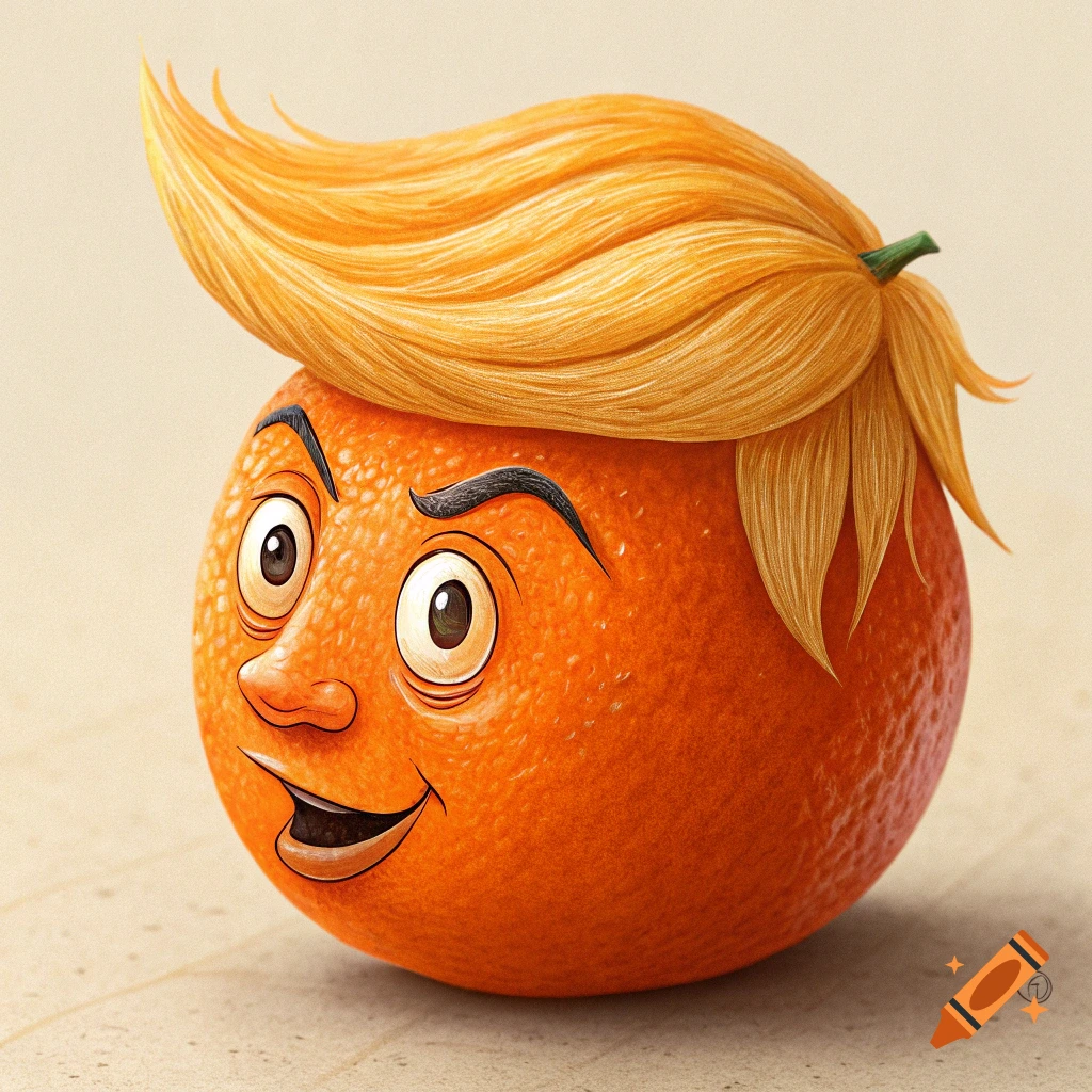 A cartoon orange with a smiling face and stylized blonde hair, resembling Donald Trump, on a light background.