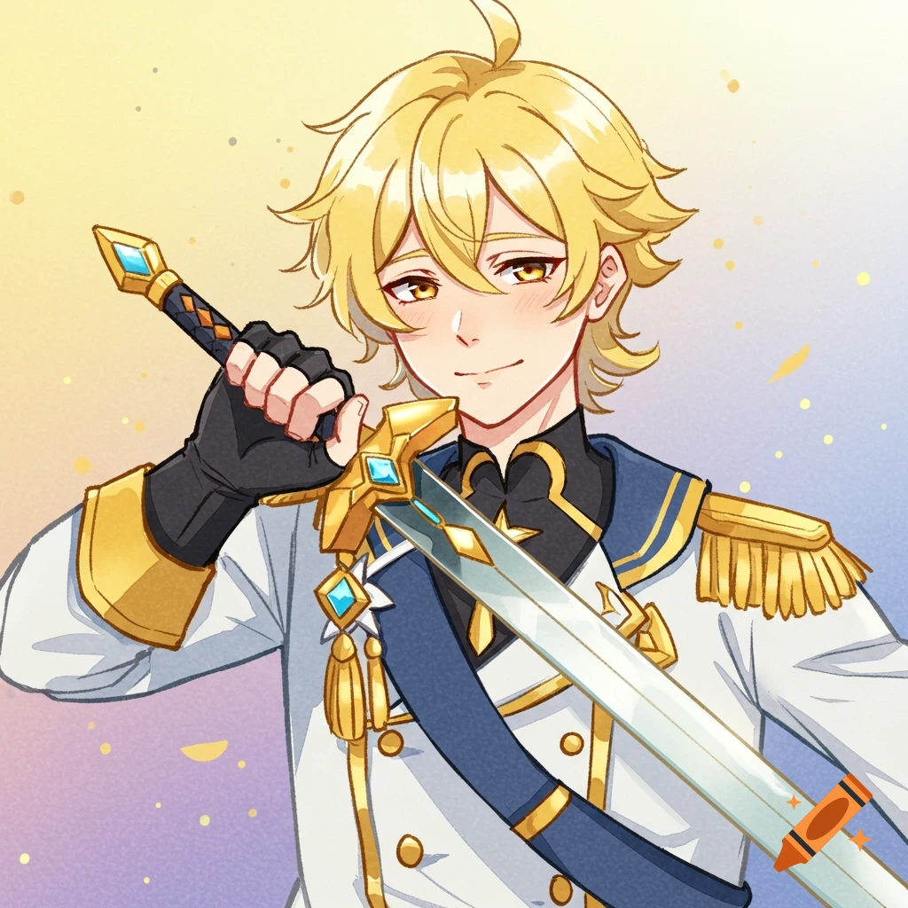Blonde anime boy in a white and blue military uniform holding a sword, with a soft gradient background.
