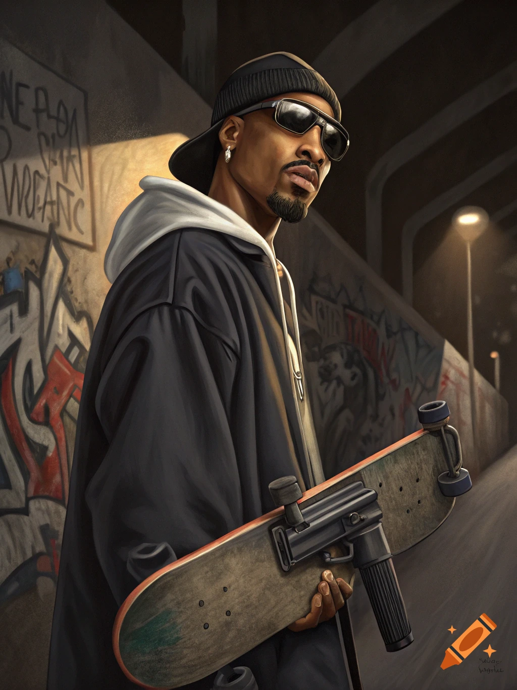 A man resembling Tupac Shakur in a dark jacket, white hoodie, and sunglasses stands holding a skateboard and a firearm, with graffiti-covered walls in an urban setting.